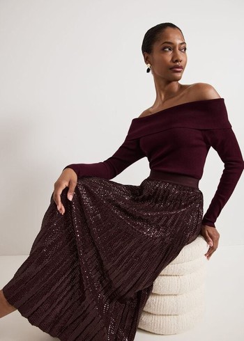 Phase Eight Alaina Sequin Pleated Skirts Burgundy Canada | ZKMVLD-850